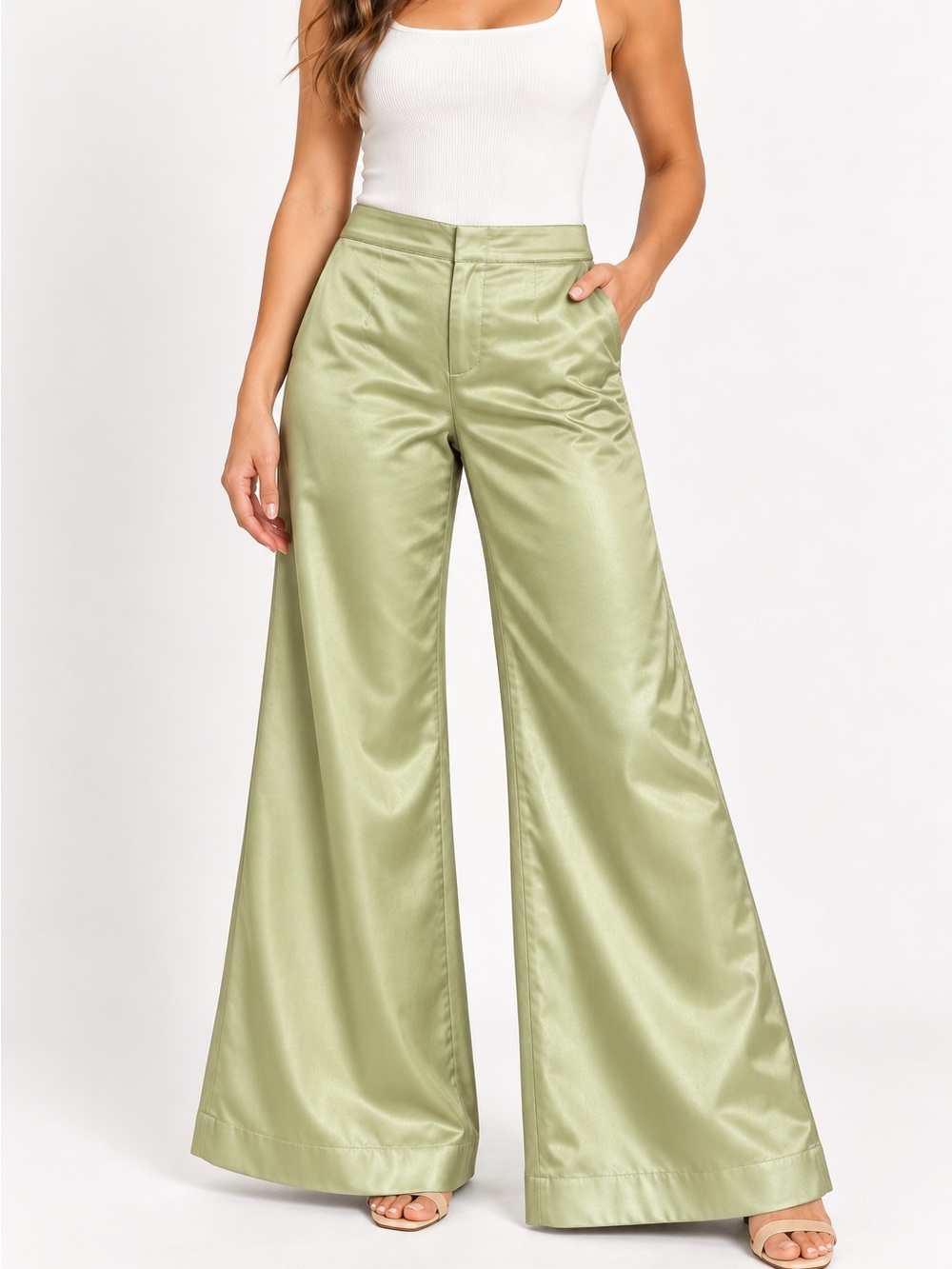 Banana Republic Satin Wide-Leg Trousers in Light Sage